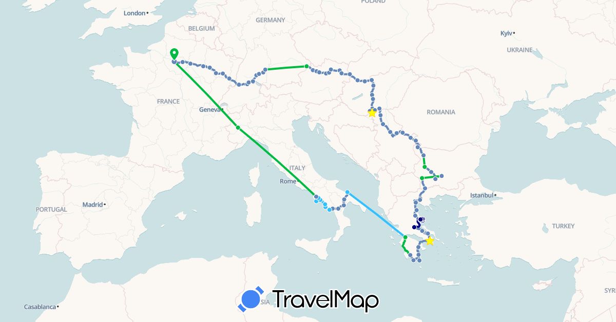 TravelMap itinerary: driving, bus, cycling, boat in Austria, Bulgaria, Switzerland, Germany, France, Greece, Hungary, Italy, Serbia, Slovakia (Europe)